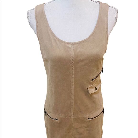 Guess micro suede biege tan sleeveless mini dress lined zippered pockets sz 4 - Picture 5 of 13